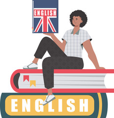 A man sits on books and holds an English dictionary in his hands. The concept of learning English. Isolated. Flat modern style. Vector illustration.