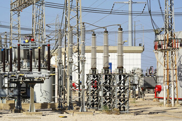 High-voltage substation. High voltage transformer. Electric current redistribution substation. High...