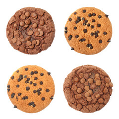Set with delicious chocolate chip cookies on white background, top view