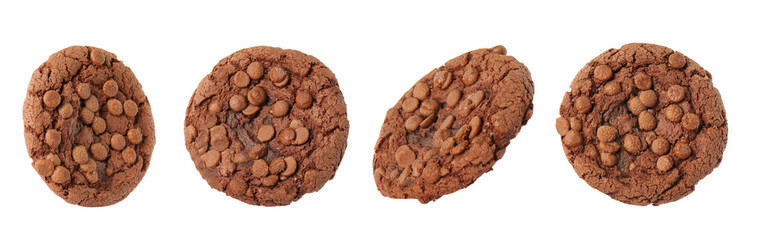 Set with delicious chocolate chip cookies on white background. Banner design