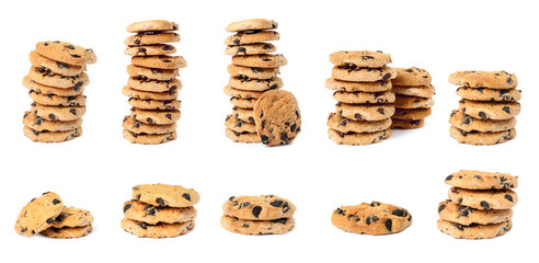 Set with delicious chocolate chip cookies on white background. Banner design - obrazy, fototapety, plakaty
