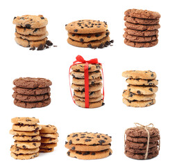 Set with delicious chocolate chip cookies on white background