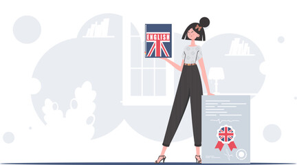 The concept of learning English. A woman holds an English dictionary and a certificate in her hands. trendy style. Vector illustration.