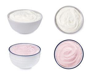 Fototapeta na wymiar Set with delicious organic yogurts on white background