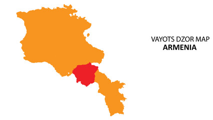Obraz premium Vayots Dzor State and regions map highlighted on Armenia map.