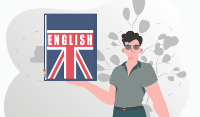 The concept of learning English. A man holds an English dictionary in his hands. Flat modern style. Vector.