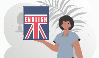The concept of teaching English. A man holds an English dictionary in his hands. trendy style. Vector illustration.