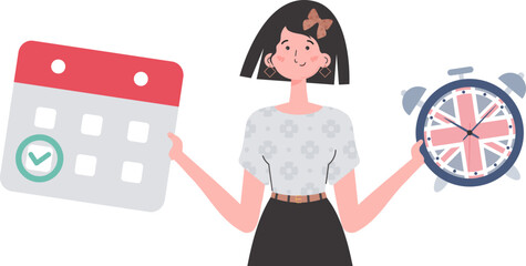 Woman teacher shows that it's time to learn English. The concept of learning English. Isolated. trendy style. Vector.