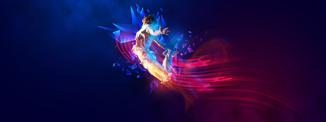 Freedom. Flyer with young stylish man, breakdanc dancer in motion over dark background with neon colorful elements.