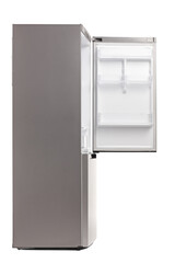 Side shot of an empty fridge with an open door