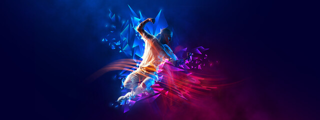 Flyer with young stylish man, breakdanc dancer in motion over dark background with neon colorful elements.