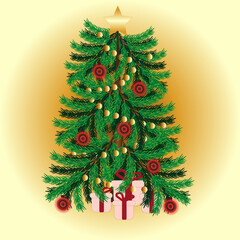 Сhristmas tree with gifts and decorations on golden style background. Vector illustration with christmas tree, garland, star, red balls and gifts. Beautiful new year concept.