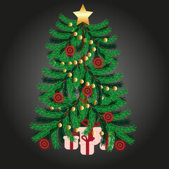 Сhristmas tree with gifts and decorations on black style background. Vector illustration with christmas tree, garland, star, red balls and gifts. Beautiful new year concept.