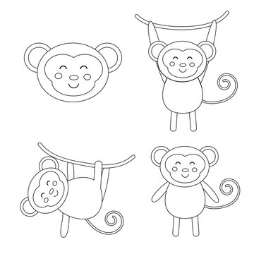 Set of cartoon monkeys boho outline. Vector illustration
