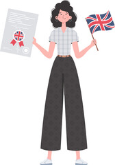 Woman teacher shows that it's time to learn English. The concept of teaching English. Isolated. Flat modern style. Vector.