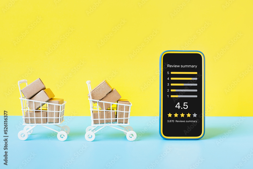 Wall mural consumer reviews concepts with report score on application smartphone and product box order.business