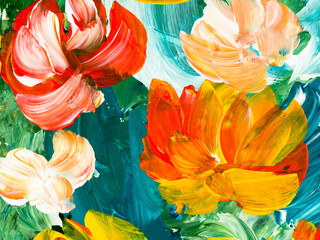 Fototapeta na wymiar Abstract painting red and yellow flowers, original hand drawn, impressionism style, color texture, brushstrokes of paint, art background.