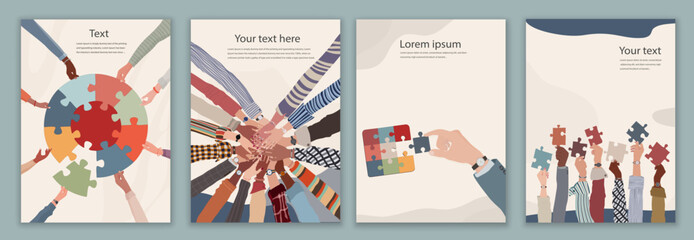 Group of multicultural business people holding a piece of jigsaw.Colleagues of diverse ethnic groups and cultures. Cooperate - collaborate. Concept of teamwork. Poster - template - cover