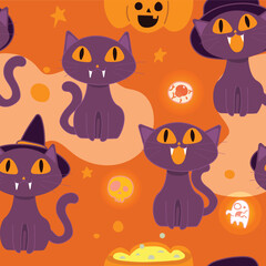 Seamless pattern halloween background. Cats , pumpkin , ghost , skull - Vector