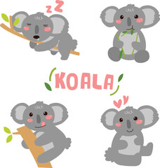 Set of cute koala in various action.