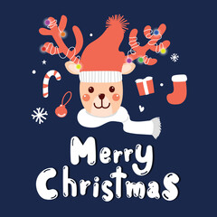 Greeting Card for Christmas. Cartoon of reindeer with Christmas element for decorating.