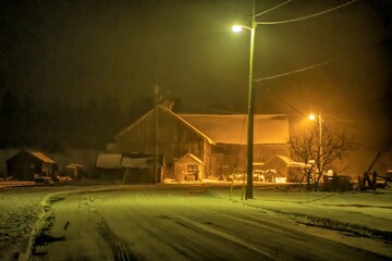 farm at night first snow