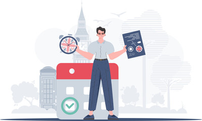 The concept of teaching English. Male teacher shows that it's time to learn English. Trendy flat style. Vector illustration.