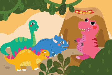Cute Dinosaurs in Forest and Lava Mountain Background 