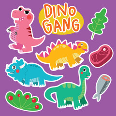Set of Dinosaur Cute Character isolate on purple background. Cute Dinosaur stickers element.