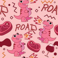Seamless pattern Pink Dinosaur roar with food.