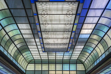 Fototapeta premium Art Deco interior design style furniture, carpets and paneling onboard classic ocean liner cruiseship cruise ship main dining room restaurant