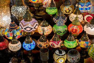 Istanbul, Turkey - January 2022- Colourful turkish lamps at the Grand Bazaar