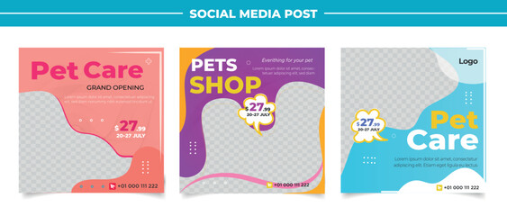 Pet shop social media post template design with photo collage.	