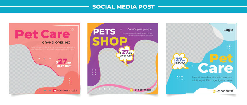 Pet shop social media post template design with photo collage.	