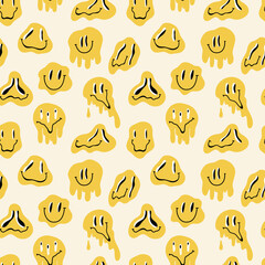 Melting smiling faces seamless pattern. Yellow colorful groovy emoji, dripping melty characters. Crazy smile vintage background, hippie psychedelic print vector cartoon flat isolated illustration