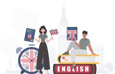 The concept of learning English. Woman and man English teachers. Trendy cartoon style. Vector illustration.