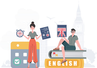 The concept of learning English. Woman and man English teachers. Trendy cartoon style. Vector.
