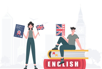 The concept of learning English. Woman and man English teachers. Trendy flat style. Illustration in vector.