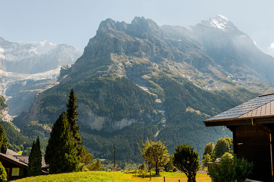 Grindelwald, Unterer Grindelwaldgletscher, Eiger, Eigernordwand, Schreckhorn, Alpen, Fiescherh&ouml;rner, Finsteraarhorn, Berner Oberland, Bergdorf, Bergwiesen, Landwirtschaft, Sommer, Schweiz