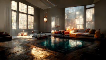 Salon architectural moderne, canapé d'angle, rayon de soleil.
