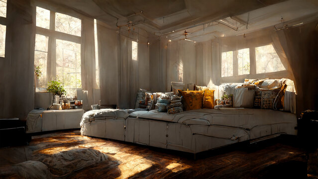 Salon architectural moderne, canap&eacute; d'angle, rayon de soleil.