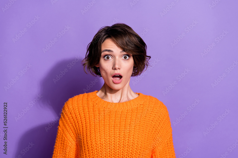 Sticker Photo of young girl astonished fake novelty open mouth face reaction isolated over violet color background