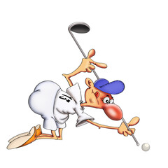 a golfer tries to score a ball in the hole. cartoon cartoon on a white background.