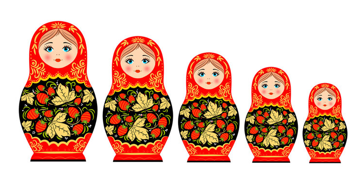 Wooden colored matryoshka doll. Russian nesting dolls, white background.