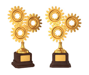 Set of golden gear trophies on a white background, 3d render