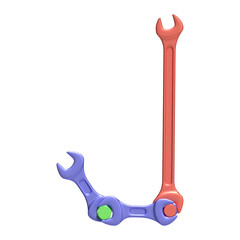 Letter J made of wrenches and bolts randomly colored with car paint, isolated on transparent background, 3d rendering