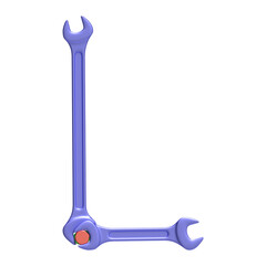 Letter L made of wrenches and bolts randomly colored with car paint, isolated on transparent background, 3d rendering