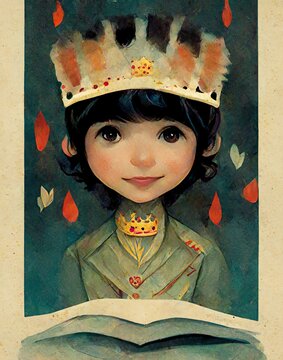 a young prince illustration with a big crown, children book fairytale illustration
