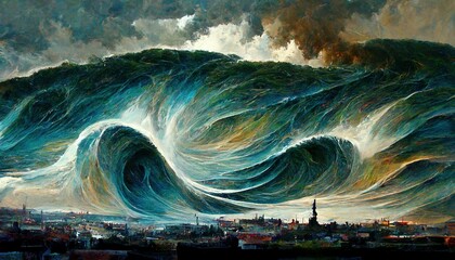 tsunami in front of a city, force of nature illustration - obrazy, fototapety, plakaty
