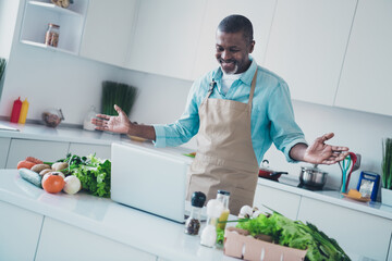 Photo of friendly funny age man wear apron preparing lunch recording cooking vlog indoors room home
